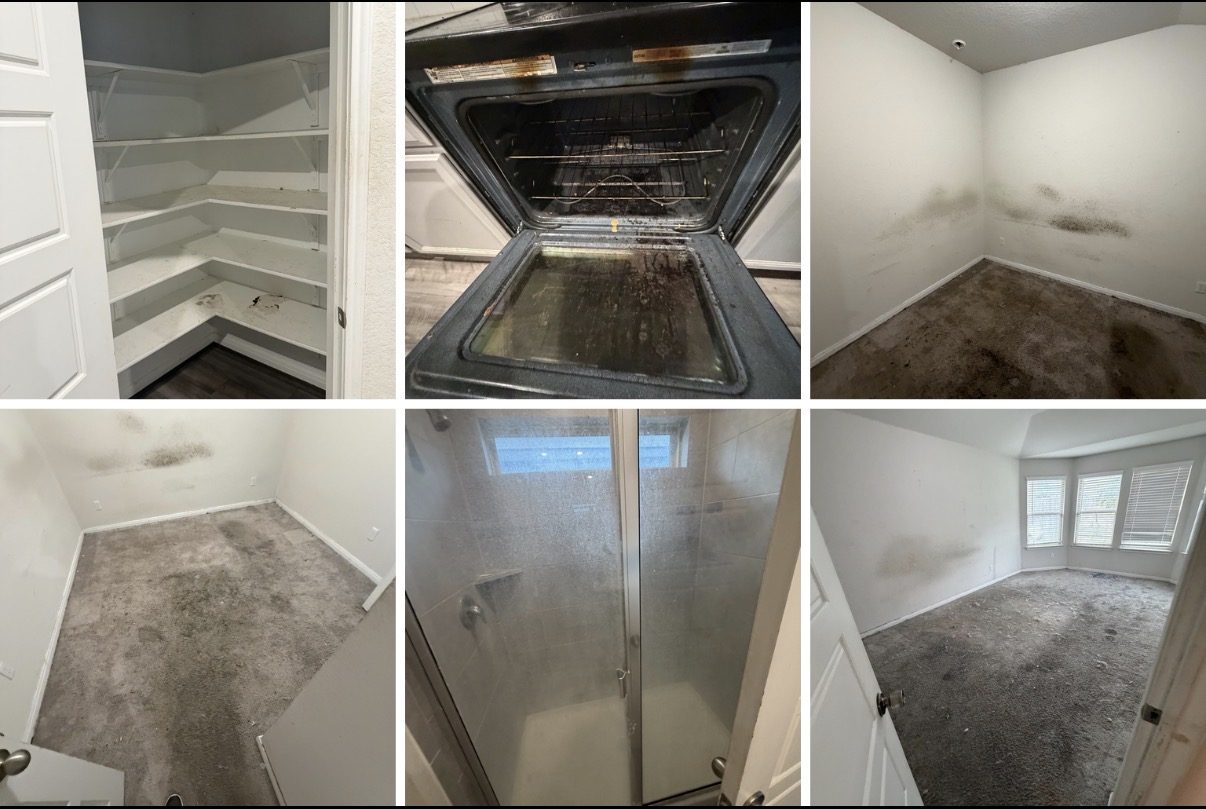 Six areas of the house before: pantry, oven, bedrooms and shower